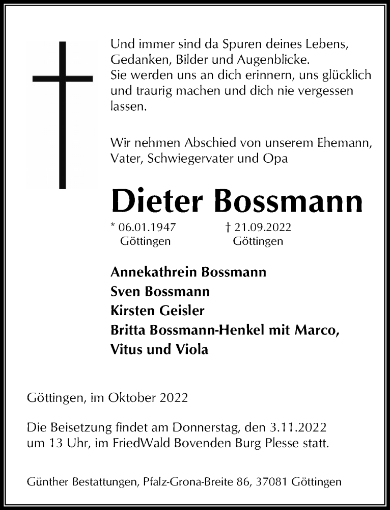  Traueranzeige für Dieter Bossmann vom 01.10.2022 aus Göttinger Tageblatt