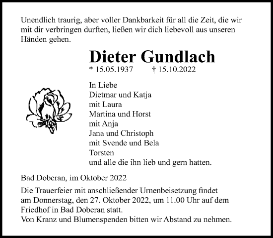 Traueranzeige von Dieter Gundlach von Ostsee-Zeitung GmbH