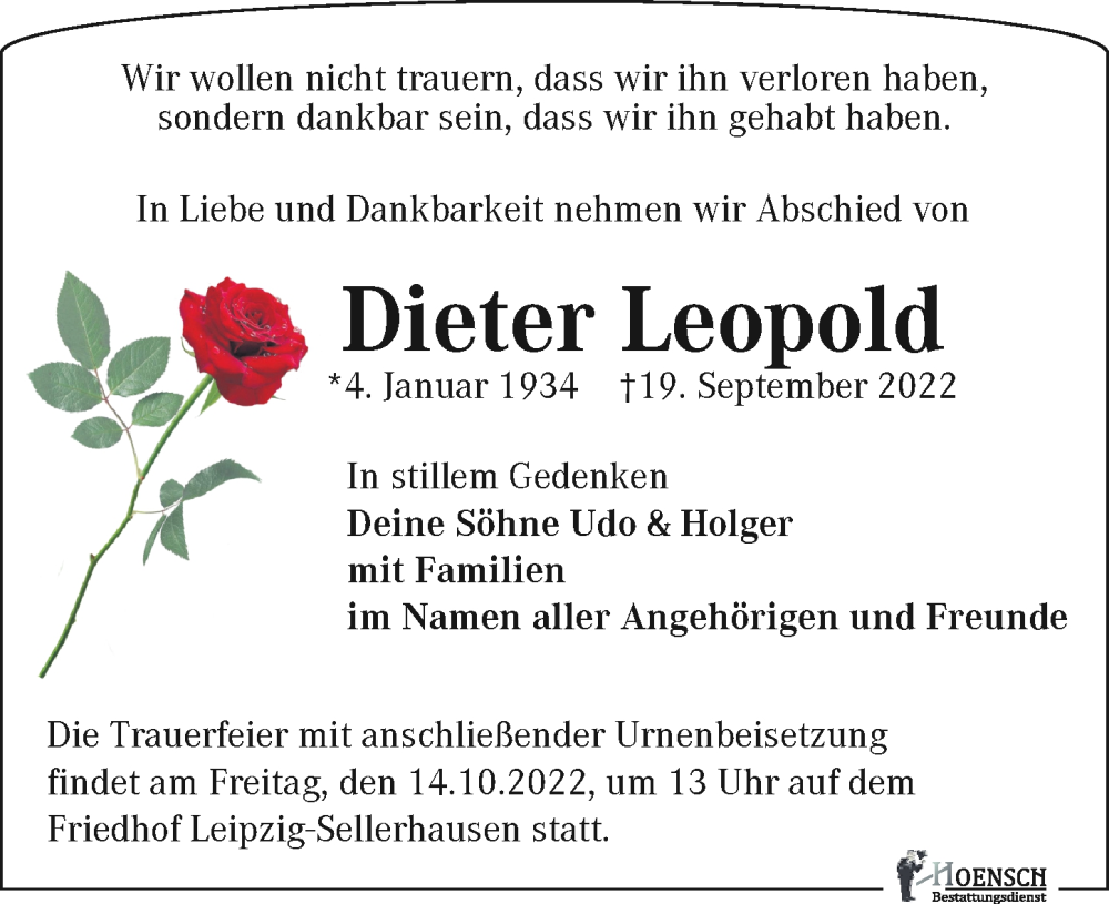 Traueranzeige für Dieter Leopold vom 08.10.2022 aus Leipziger Volkszeitung