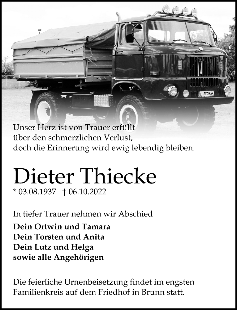  Traueranzeige für Dieter Thiecke vom 08.10.2022 aus Märkischen Allgemeine Zeitung