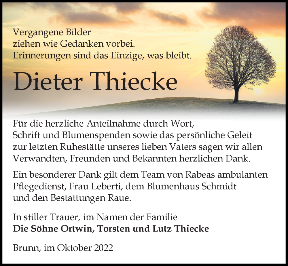  Traueranzeige für Dieter Thiecke vom 29.10.2022 aus Märkischen Allgemeine Zeitung