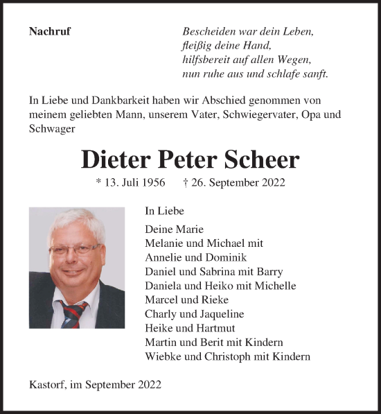 Traueranzeige von Dieter Peter Scheer von Lübecker Nachrichten