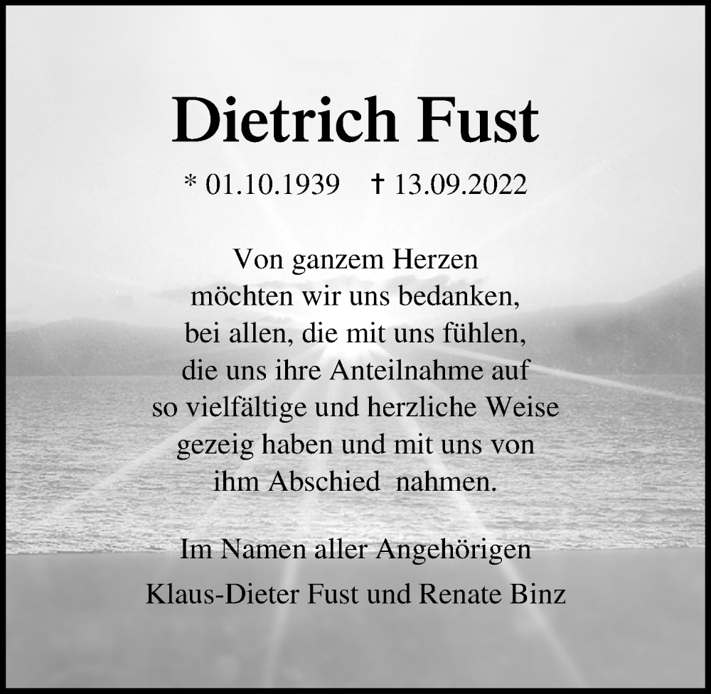 Traueranzeige für Dietrich Fust vom 15.10.2022 aus Ostsee-Zeitung GmbH