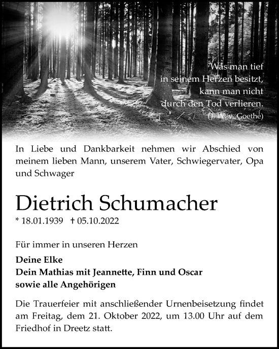 Traueranzeige von Dietrich Schumacher von Märkischen Allgemeine Zeitung