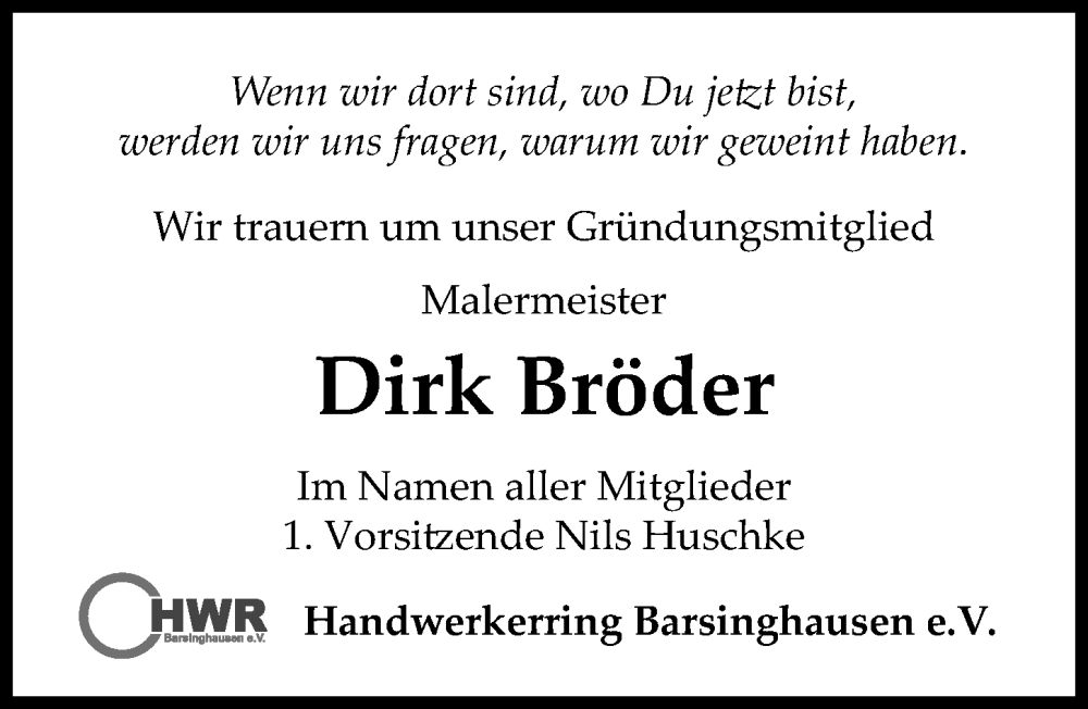  Traueranzeige für Dirk Bröder vom 08.10.2022 aus Hannoversche Allgemeine Zeitung/Neue Presse