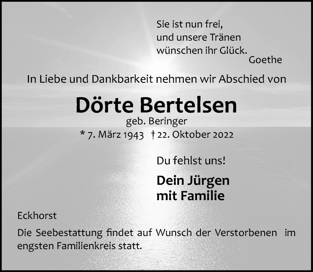  Traueranzeige für Dörte Bertelsen vom 30.10.2022 aus Lübecker Nachrichten