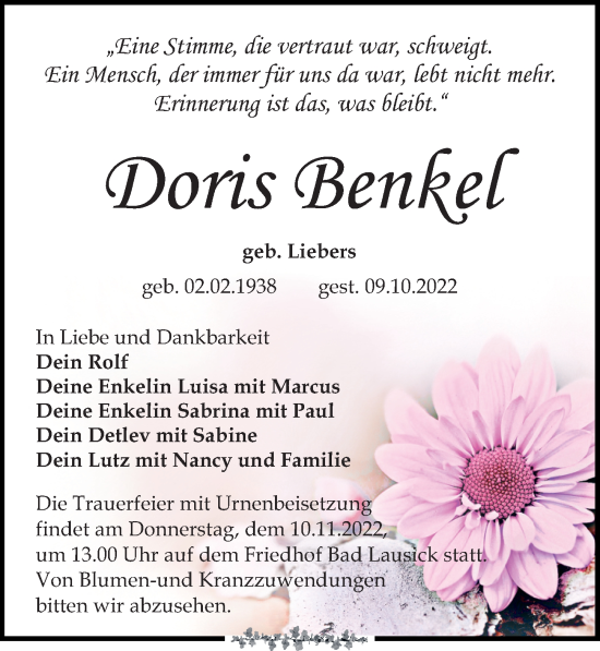 Traueranzeige von Doris Benkel von Leipziger Volkszeitung