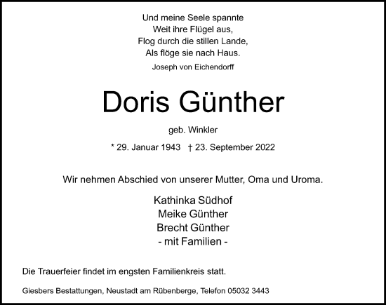 Traueranzeige von Doris Günther von Hannoversche Allgemeine Zeitung/Neue Presse