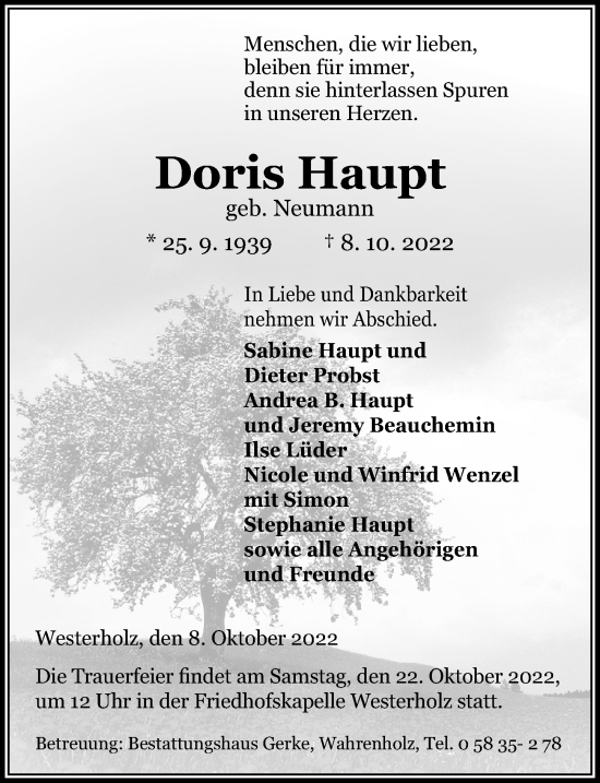 Traueranzeige von Doris Haupt von Aller Zeitung