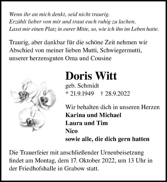 Traueranzeige von Doris Witt von Märkischen Allgemeine Zeitung