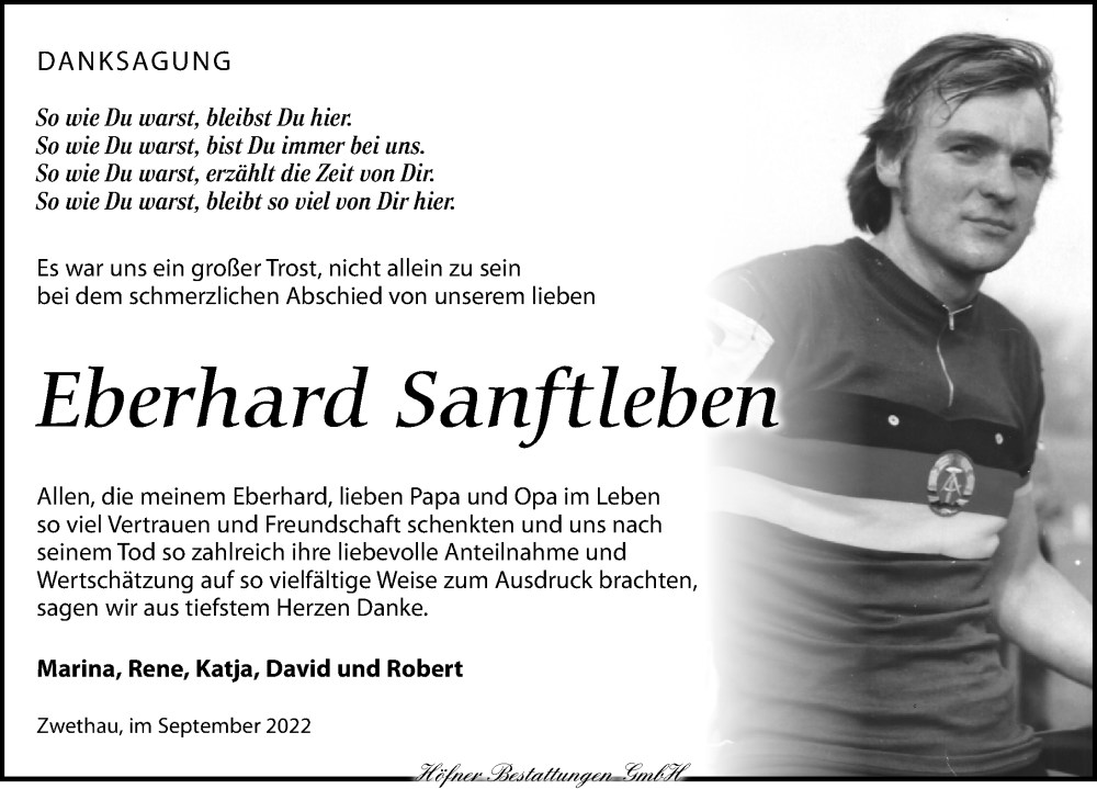  Traueranzeige für Eberhard Sanftleben vom 01.10.2022 aus Torgauer Zeitung