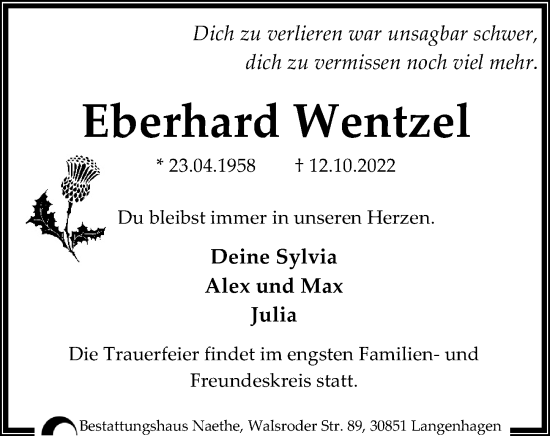 Traueranzeige von Eberhard Wentzel von Hannoversche Allgemeine Zeitung/Neue Presse