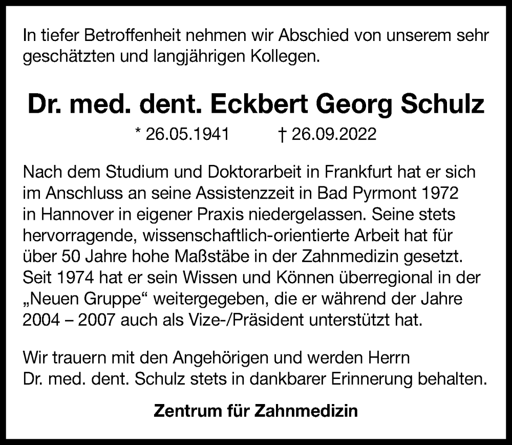  Traueranzeige für Eckbert Georg Schulz vom 08.10.2022 aus Hannoversche Allgemeine Zeitung/Neue Presse