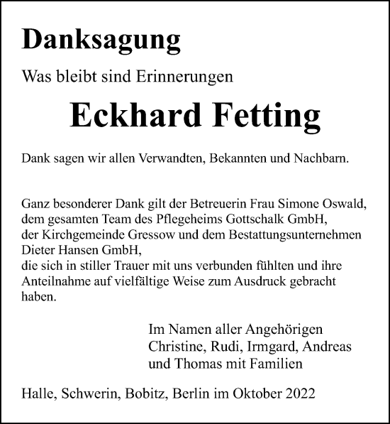 Traueranzeige von Eckhard Fetting von Ostsee-Zeitung GmbH