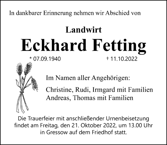 Traueranzeige von Eckhard Fetting von Ostsee-Zeitung GmbH