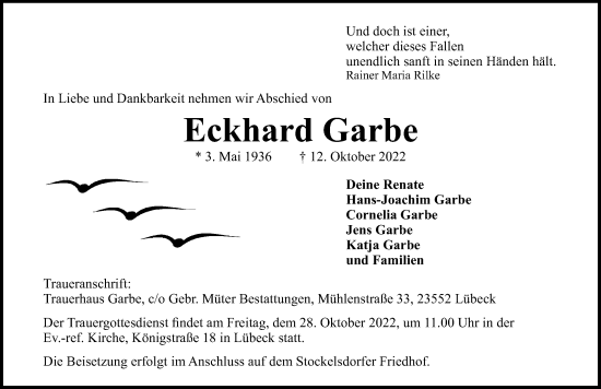 Traueranzeige von Eckhard Garbe von Lübecker Nachrichten