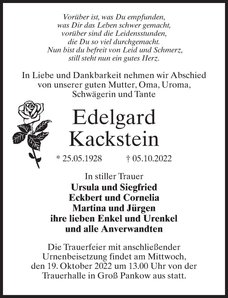  Traueranzeige für Edelgard Kackstein vom 15.10.2022 aus Märkischen Allgemeine Zeitung