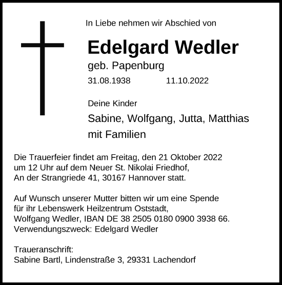 Traueranzeige von Edelgard Wedler von Hannoversche Allgemeine Zeitung/Neue Presse