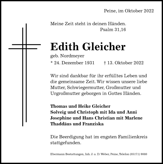 Traueranzeige von Edith Gleicher von Peiner Allgemeine Zeitung