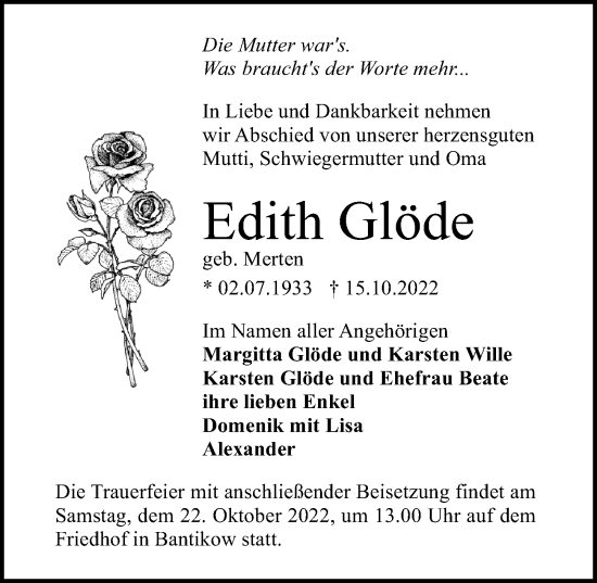 Traueranzeige von Edith Glöde von Märkischen Allgemeine Zeitung