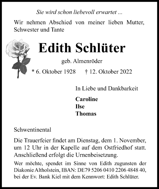 Traueranzeige von Edith Schlüter von Kieler Nachrichten