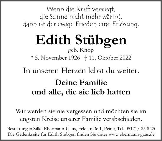 Traueranzeige von Edith Stübgen von Peiner Allgemeine Zeitung