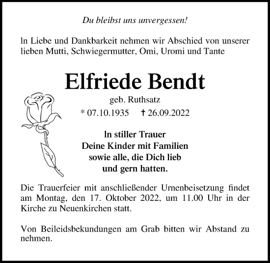 Traueranzeige von Elfriede Bendt von Ostsee-Zeitung GmbH