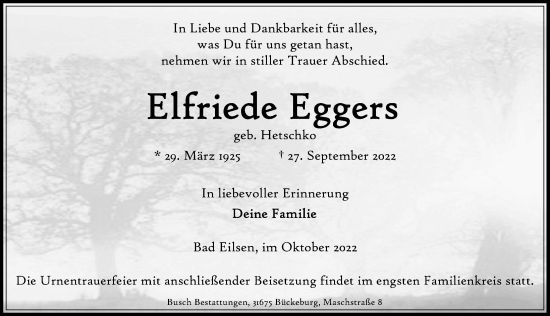 Traueranzeige von Elfriede Eggers von Schaumburger Nachrichten