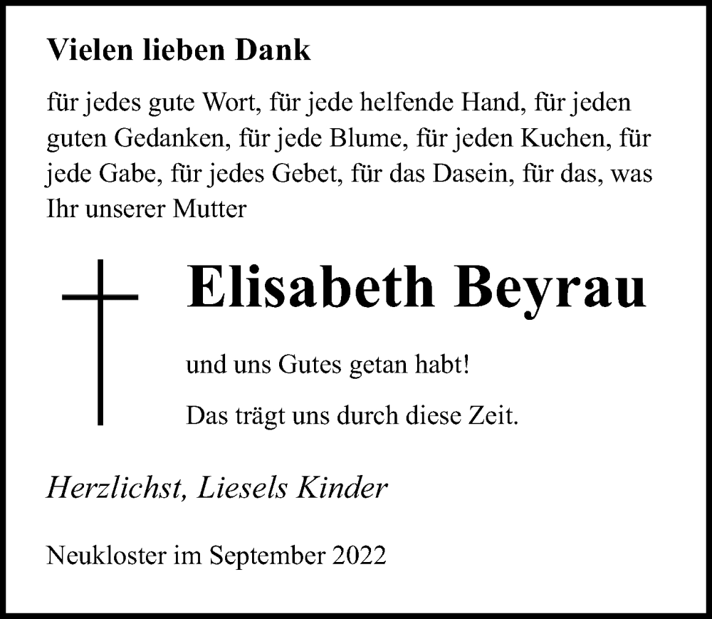  Traueranzeige für Elisabeth Beyrau vom 01.10.2022 aus Ostsee-Zeitung GmbH
