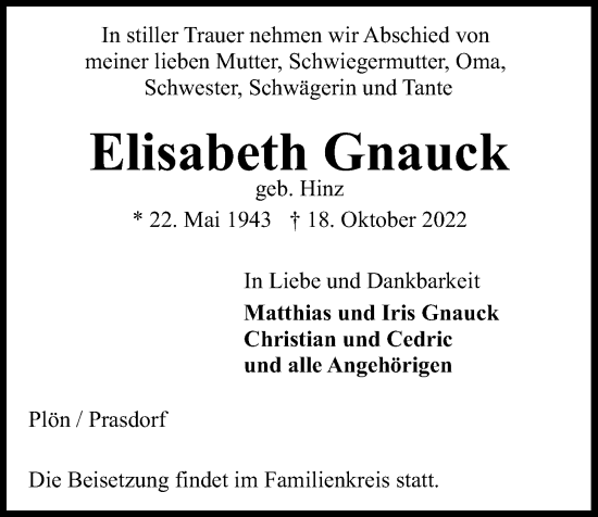 Traueranzeige von Elisabeth Gnauck von Kieler Nachrichten