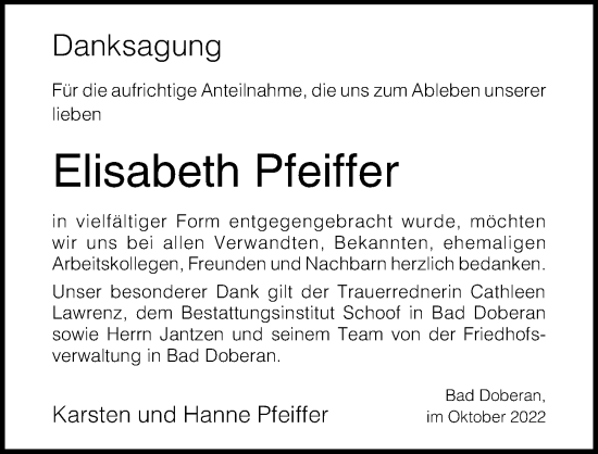 Traueranzeige von Elisabeth Pfeiffer von Ostsee-Zeitung GmbH