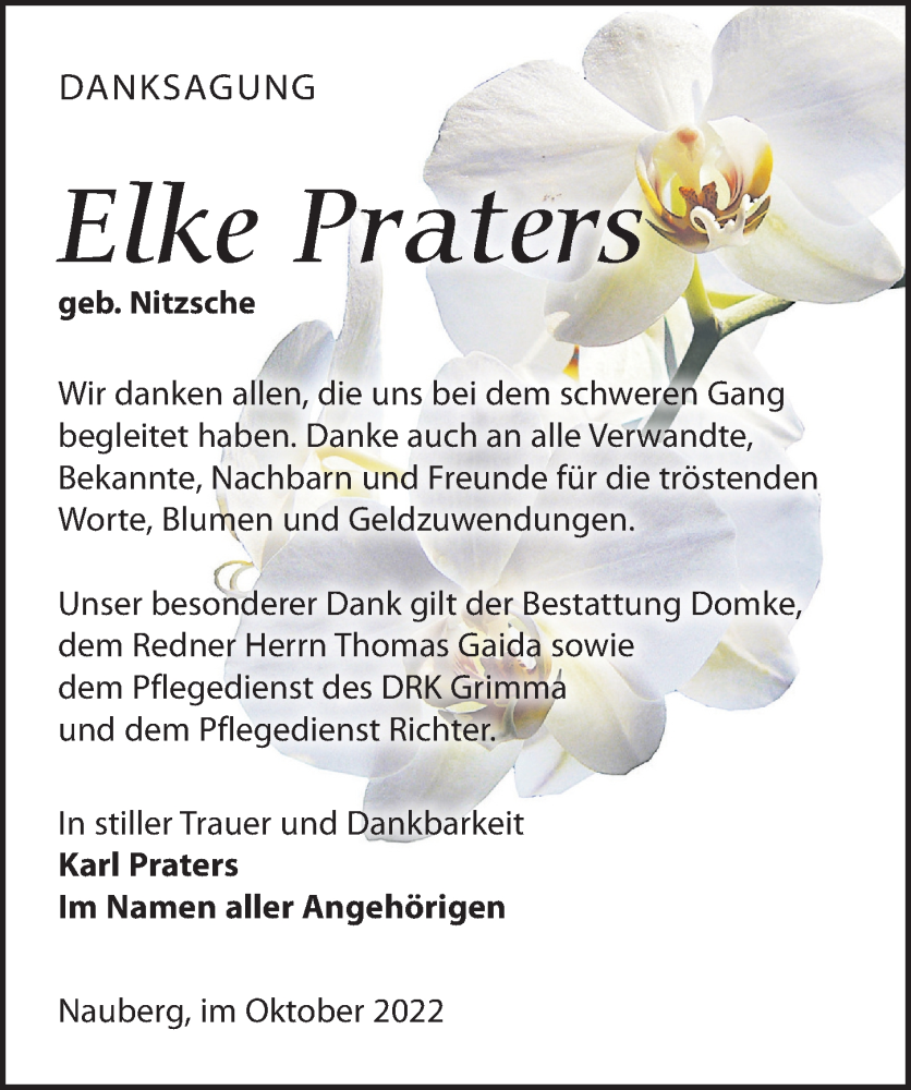  Traueranzeige für Elke Praters vom 29.10.2022 aus Leipziger Volkszeitung