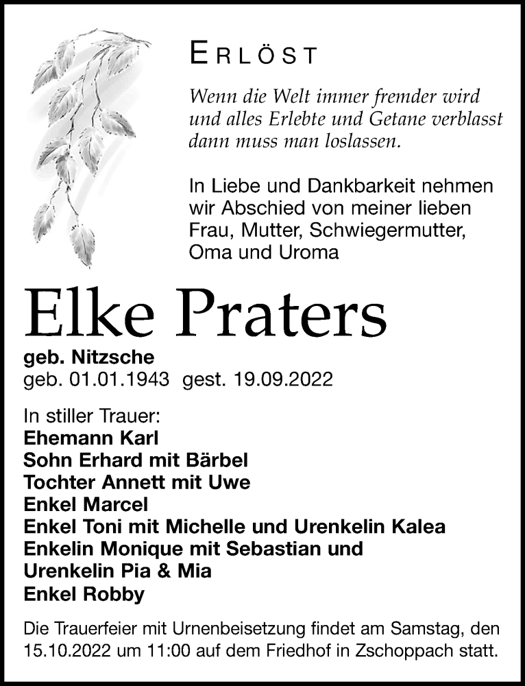  Traueranzeige für Elke Praters vom 08.10.2022 aus Leipziger Volkszeitung