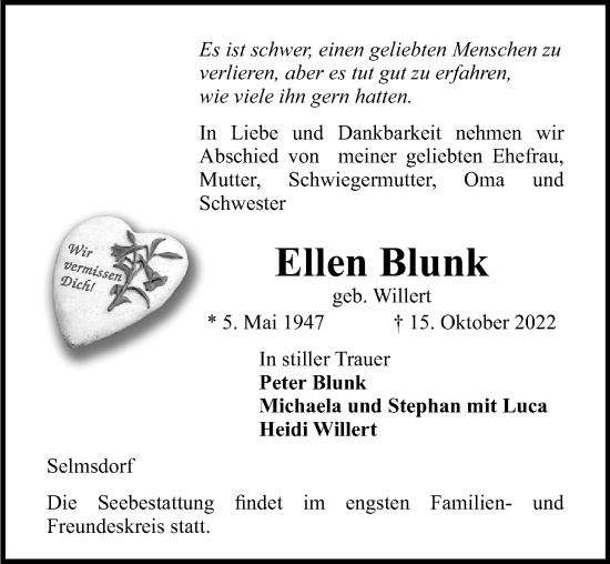 Traueranzeige von Ellen Blunk von Lübecker Nachrichten