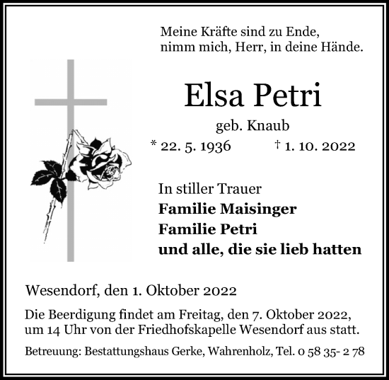 Traueranzeige von Elsa Petri von Aller Zeitung