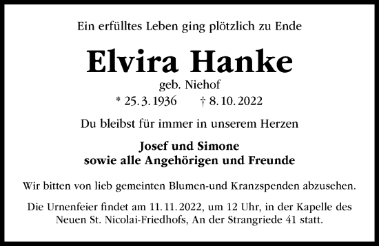 Traueranzeige von Elvira Hanke von Hannoversche Allgemeine Zeitung/Neue Presse