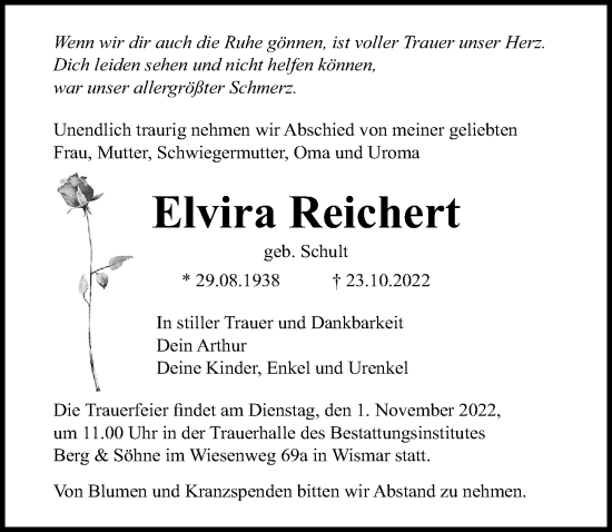 Traueranzeige von Elvira Reichert von Ostsee-Zeitung GmbH