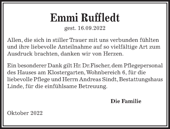 Traueranzeige von Emmi Ruffledt von Kieler Nachrichten