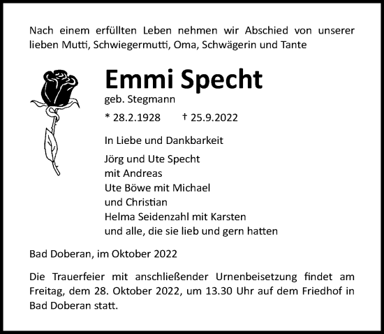 Traueranzeige von Emmi Specht von Ostsee-Zeitung GmbH