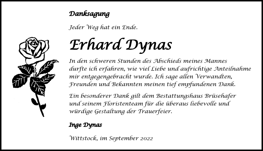  Traueranzeige für Erhard Dynas vom 01.10.2022 aus Märkischen Allgemeine Zeitung