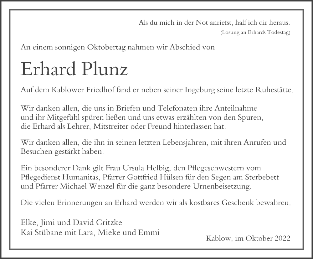  Traueranzeige für Erhard Plunz vom 15.10.2022 aus Märkischen Allgemeine Zeitung