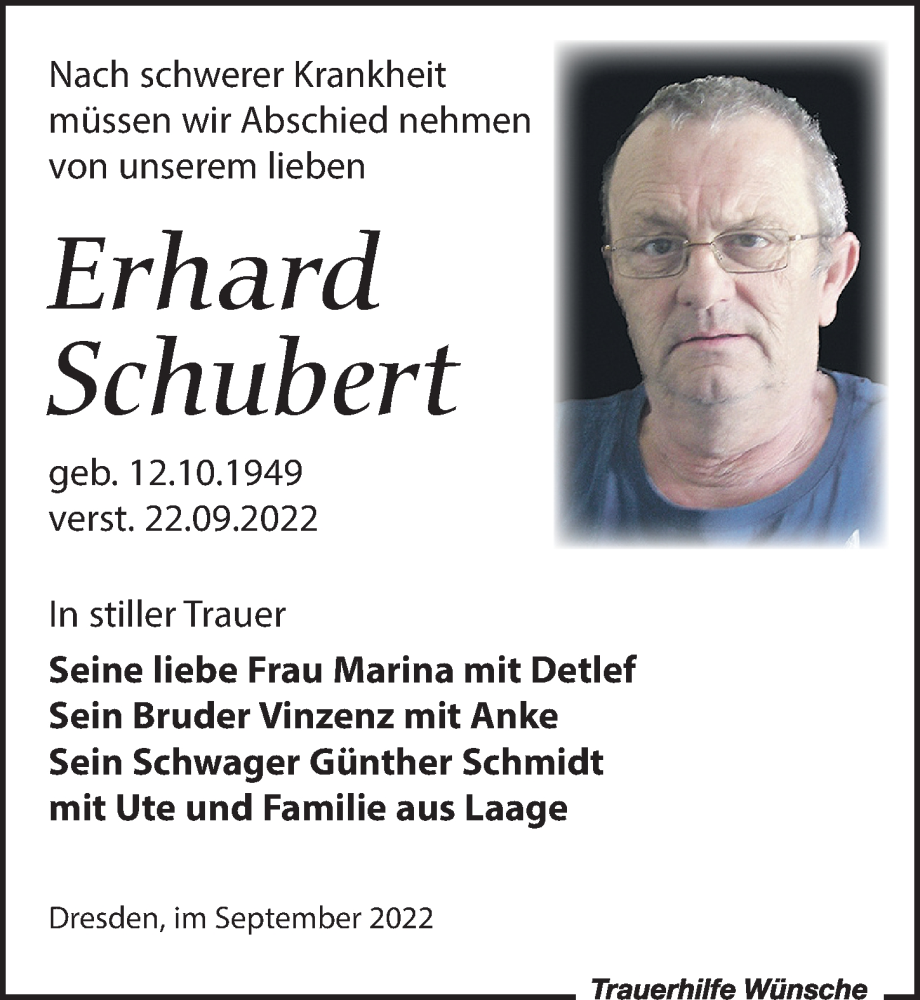  Traueranzeige für Erhard Schubert vom 01.10.2022 aus Leipziger Volkszeitung