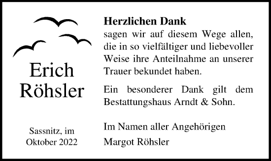 Traueranzeige von Erich Röhsler von Ostsee-Zeitung GmbH
