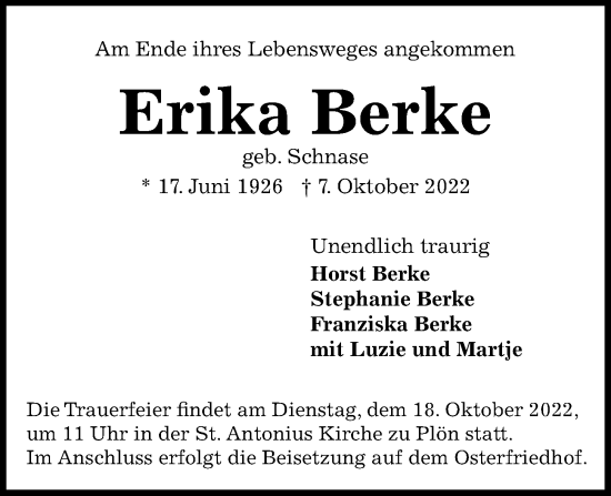 Traueranzeige von Erika Berke von Kieler Nachrichten