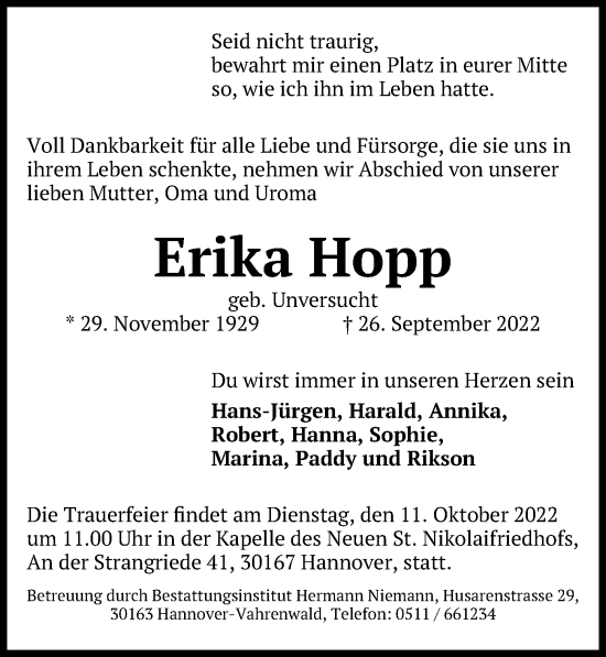 Traueranzeige von Erika Hopp von Hannoversche Allgemeine Zeitung/Neue Presse