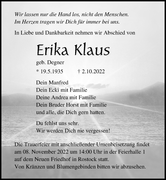 Traueranzeige von Erika Klaus von Ostsee-Zeitung GmbH