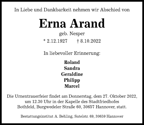 Traueranzeige von Erna Arand von Hannoversche Allgemeine Zeitung/Neue Presse