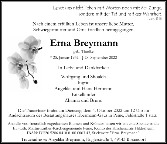 Traueranzeige von Erna Breymann von Peiner Allgemeine Zeitung