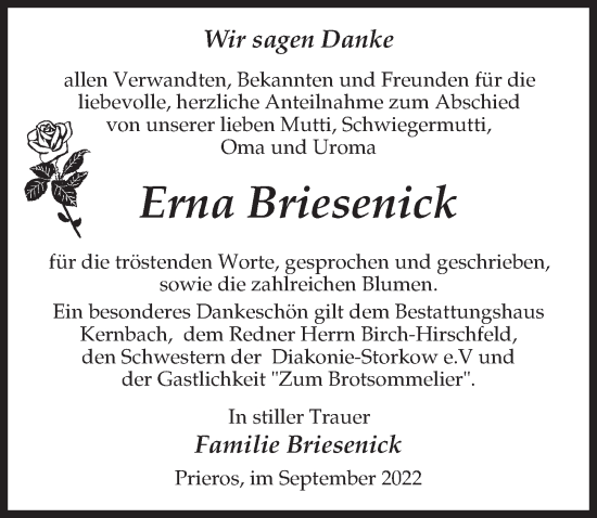 Traueranzeige von Erna Briesenick von Märkischen Allgemeine Zeitung