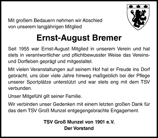 Traueranzeige von Ernst-August Bremer von Hannoversche Allgemeine Zeitung/Neue Presse